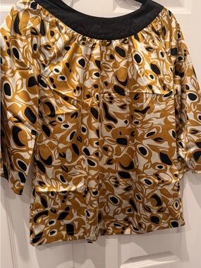BCBGMaxAzria Mustard, Black & White Abstract Satin Blouse